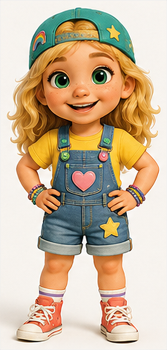 Lulu, with blonde hair, a teal cap, yellow shirt, denim overalls, and coral sneakers