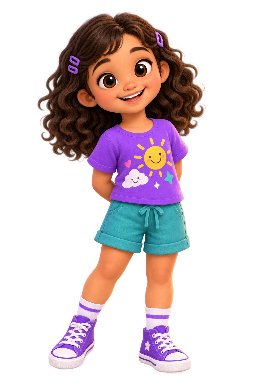 Seya, the explorer, smiling in her purple and teal outfit